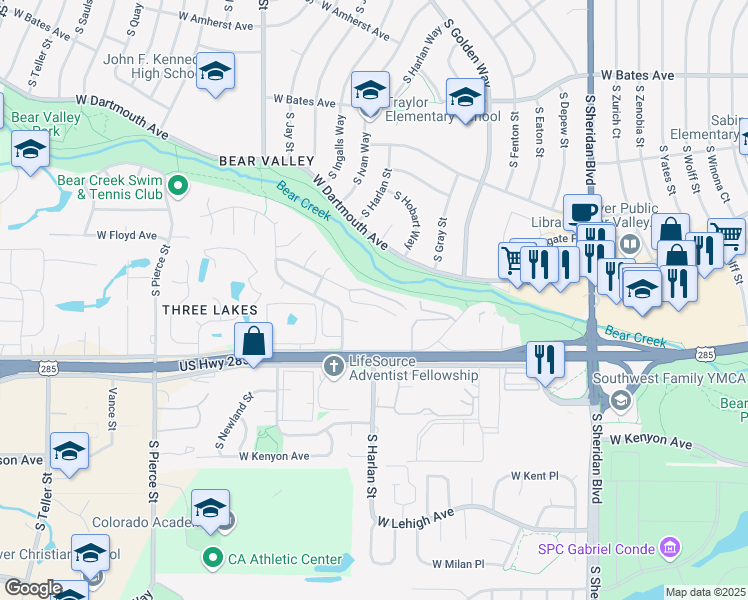 map of restaurants, bars, coffee shops, grocery stores, and more near 6000 West Floyd Avenue in Denver