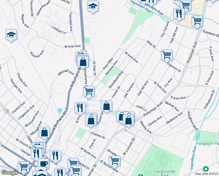 map of restaurants, bars, coffee shops, grocery stores, and more near 500 Park Lane in Hagerstown