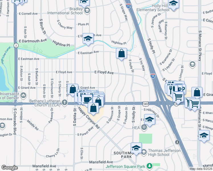 map of restaurants, bars, coffee shops, grocery stores, and more near 3369 South Flamingo Way in Denver