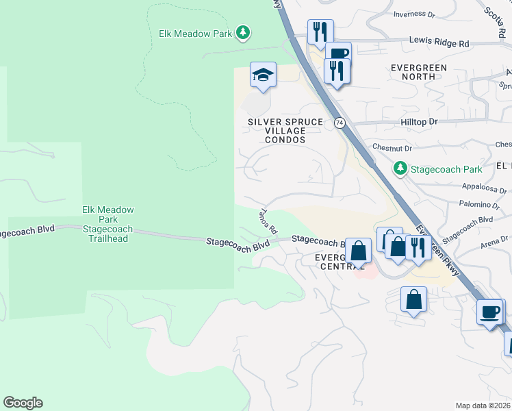 map of restaurants, bars, coffee shops, grocery stores, and more near 31414 Black Feather Drive in Evergreen