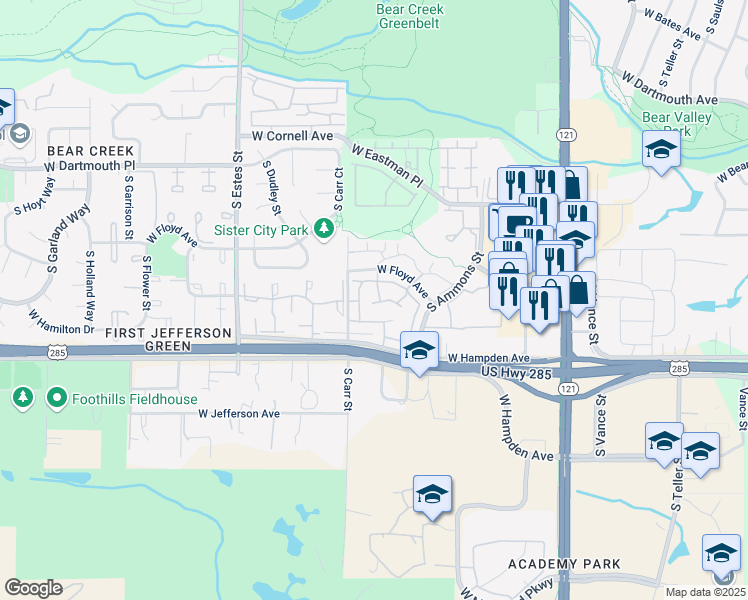 map of restaurants, bars, coffee shops, grocery stores, and more near 3423 South Ammons Street in Lakewood
