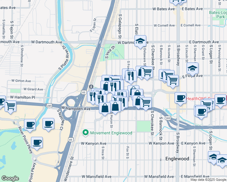 map of restaurants, bars, coffee shops, grocery stores, and more near 801 Englewood Parkway in Englewood
