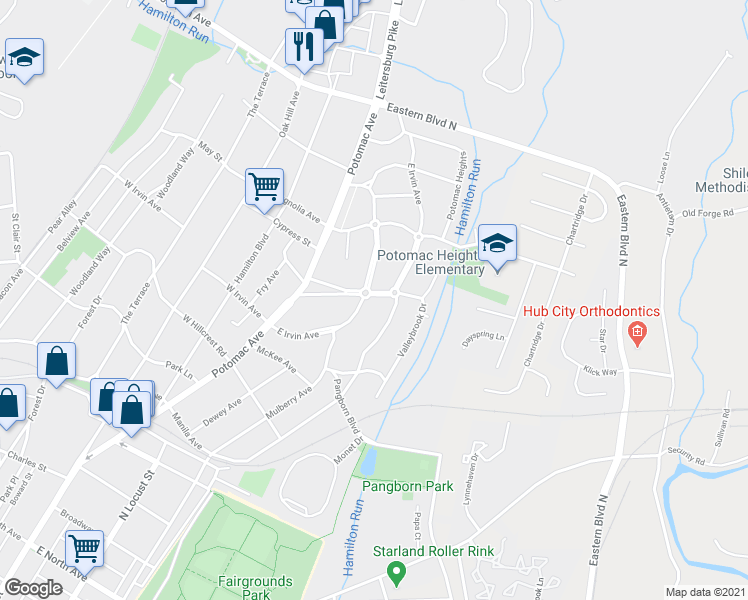 map of restaurants, bars, coffee shops, grocery stores, and more near 1142 East Irvin Avenue in Hagerstown