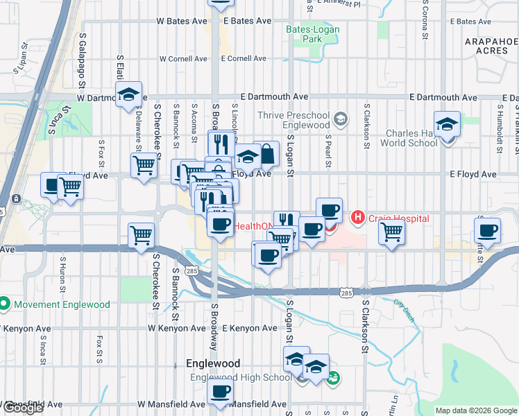 map of restaurants, bars, coffee shops, grocery stores, and more near 3376 South Sherman Street in Englewood