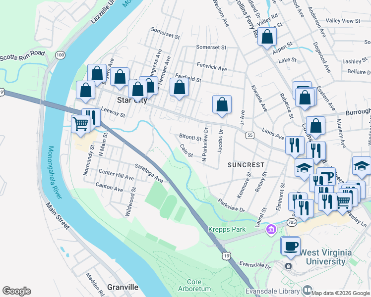 map of restaurants, bars, coffee shops, grocery stores, and more near 1348 Cain Street in Morgantown