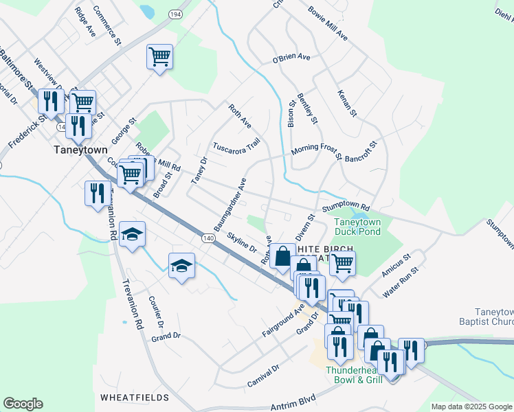 map of restaurants, bars, coffee shops, grocery stores, and more near 443 Berry Court in Taneytown