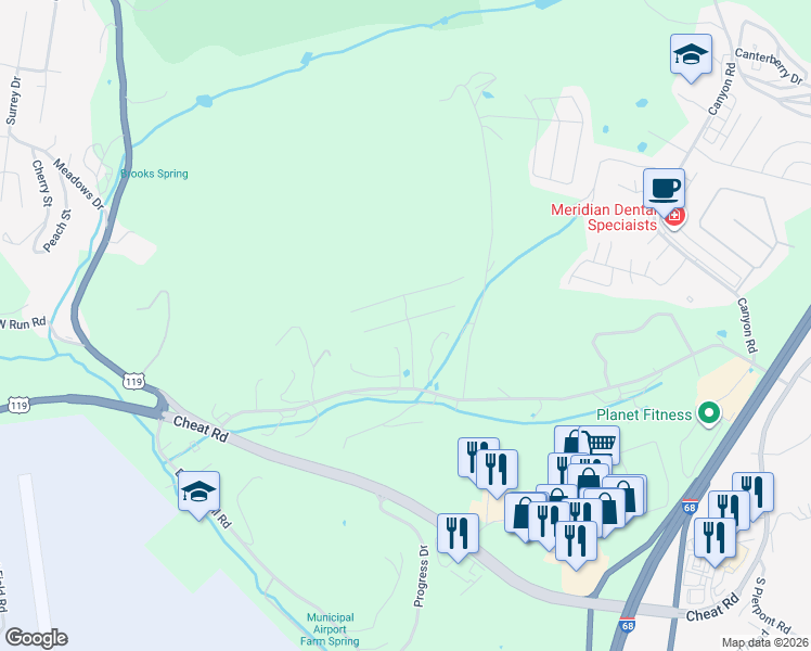 map of restaurants, bars, coffee shops, grocery stores, and more near 34 Harley Drive in Morgantown