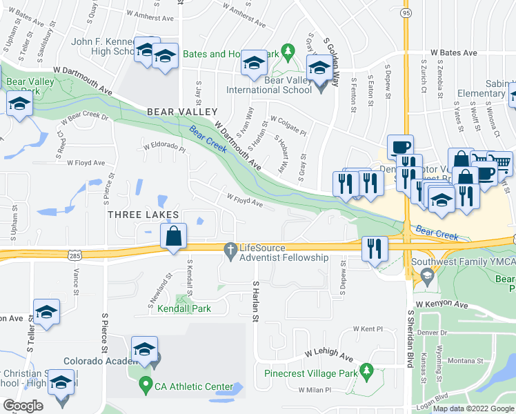 map of restaurants, bars, coffee shops, grocery stores, and more near 6000 West Floyd Avenue in Denver