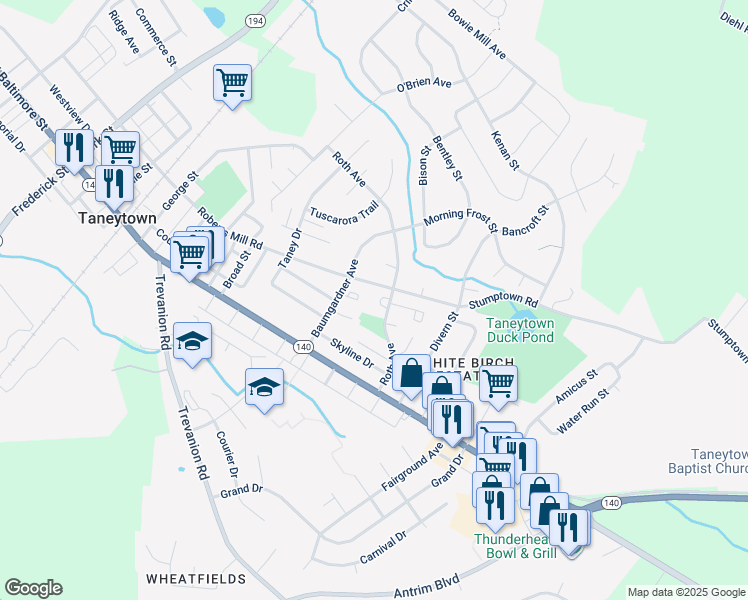 map of restaurants, bars, coffee shops, grocery stores, and more near 443 Berry Court in Taneytown