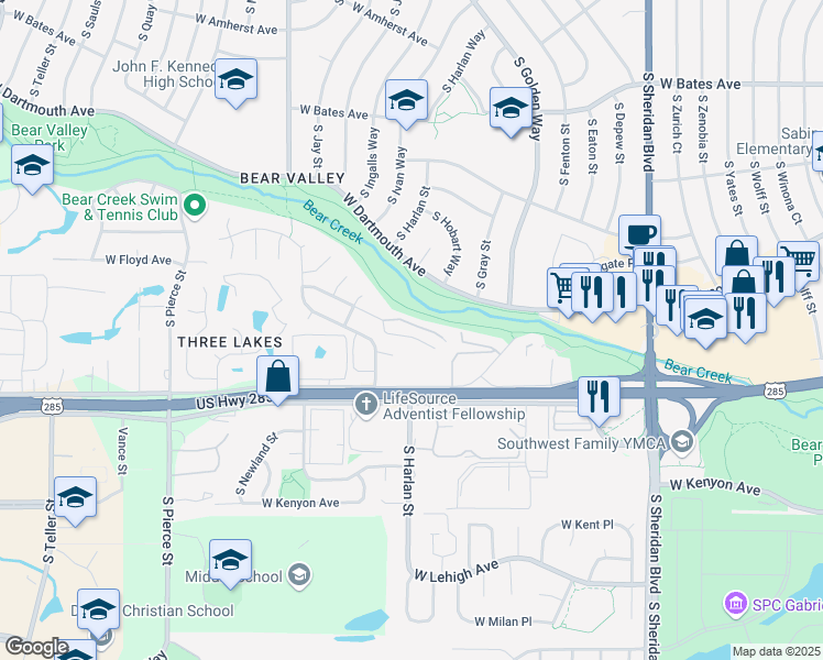 map of restaurants, bars, coffee shops, grocery stores, and more near 6000 West Floyd Avenue in Denver