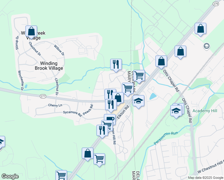 map of restaurants, bars, coffee shops, grocery stores, and more near 3 Buttonbush Court in Elkton