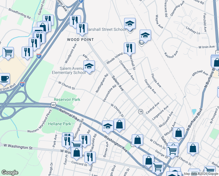 map of restaurants, bars, coffee shops, grocery stores, and more near 341 Devonshire Road in Hagerstown