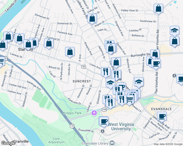 map of restaurants, bars, coffee shops, grocery stores, and more near 3205 University Avenue in Morgantown
