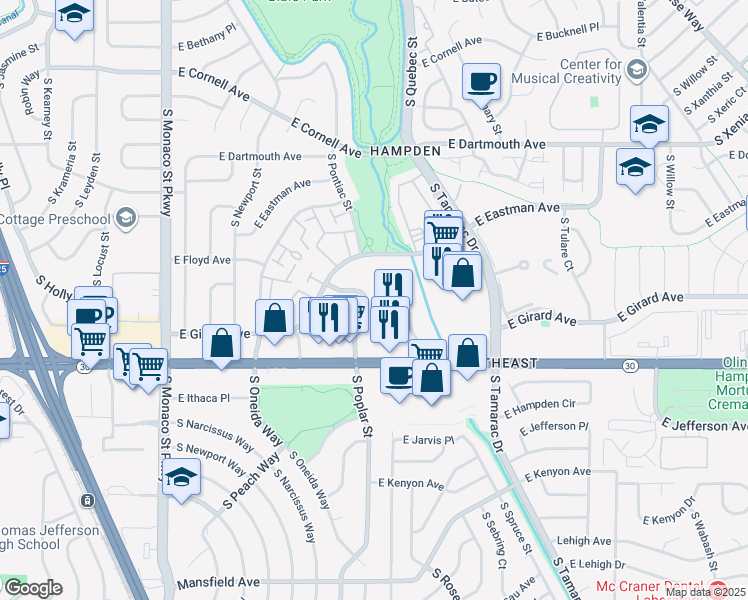 map of restaurants, bars, coffee shops, grocery stores, and more near 3450 South Poplar Street in Denver