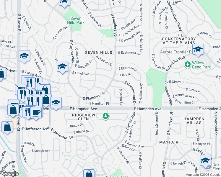 map of restaurants, bars, coffee shops, grocery stores, and more near 19691 East Girard Avenue in Aurora