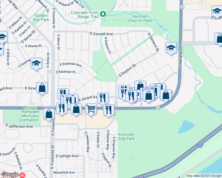 map of restaurants, bars, coffee shops, grocery stores, and more near 3373 South Dallas Court in Denver