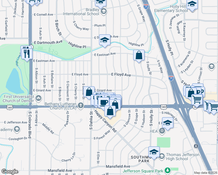 map of restaurants, bars, coffee shops, grocery stores, and more near 3361 South Elm Street in Denver