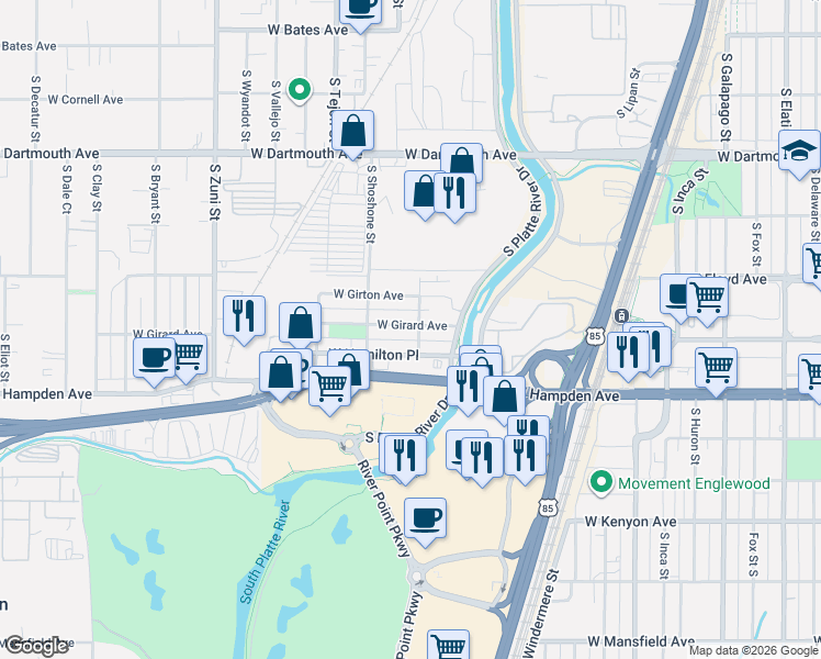 map of restaurants, bars, coffee shops, grocery stores, and more near 1690 West Girard Avenue in Englewood