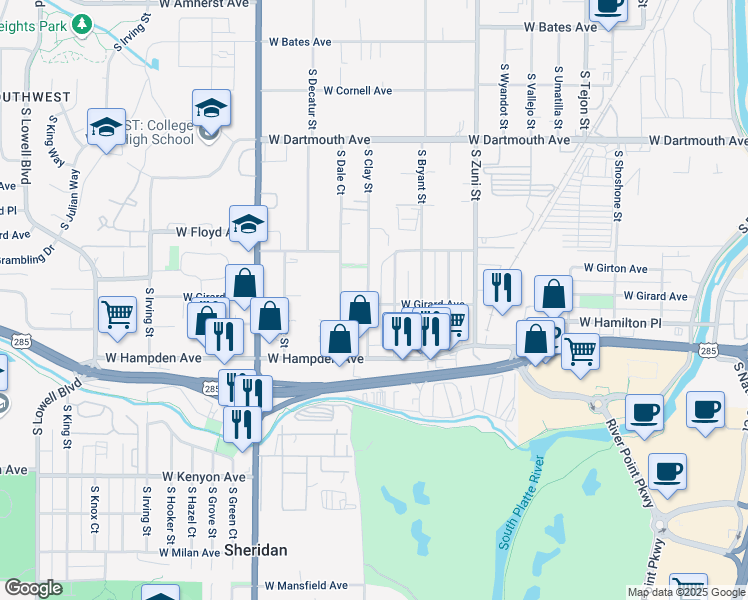 map of restaurants, bars, coffee shops, grocery stores, and more near 3345 South Canosa Court in Englewood