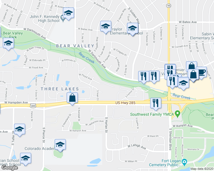 map of restaurants, bars, coffee shops, grocery stores, and more near 6000 West Floyd Avenue in Denver