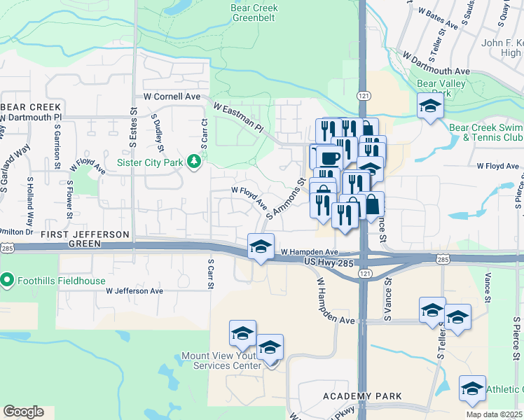 map of restaurants, bars, coffee shops, grocery stores, and more near 8125 West Floyd Avenue in Denver