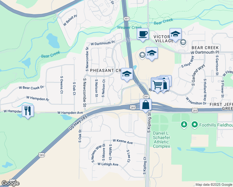map of restaurants, bars, coffee shops, grocery stores, and more near 10321 West Girton Drive in Lakewood