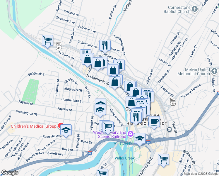 map of restaurants, bars, coffee shops, grocery stores, and more near 248 North Mechanic Street in Cumberland