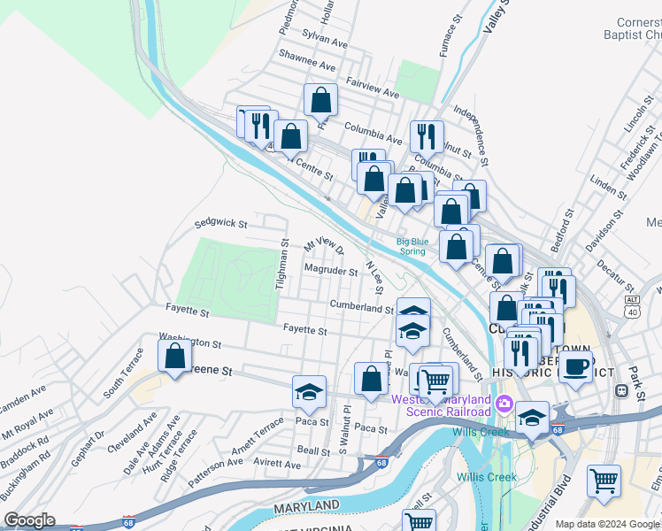 map of restaurants, bars, coffee shops, grocery stores, and more near 308 Schley Street in Cumberland