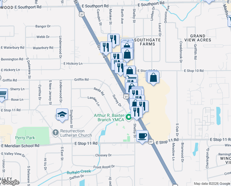 map of restaurants, bars, coffee shops, grocery stores, and more near 7615 Surrey Drive in Indianapolis