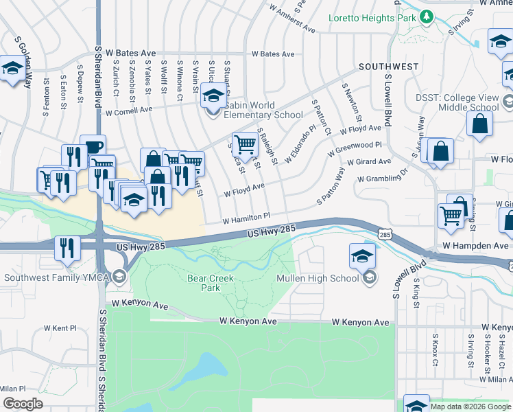 map of restaurants, bars, coffee shops, grocery stores, and more near 3370 South Utica Street in Denver