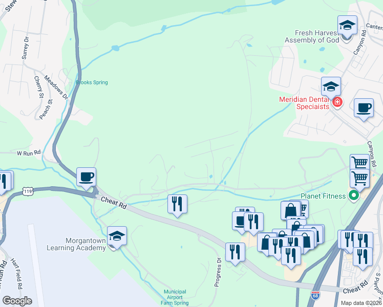 map of restaurants, bars, coffee shops, grocery stores, and more near 34 Harley Drive in Morgantown