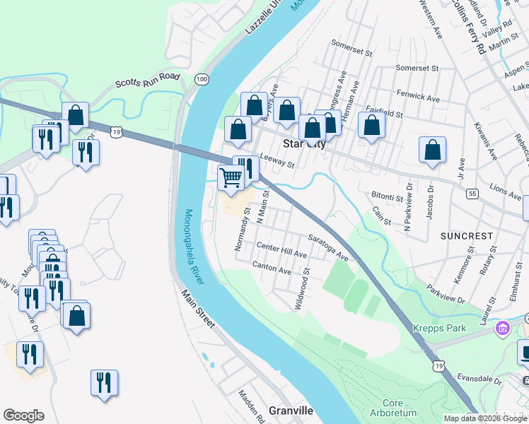 map of restaurants, bars, coffee shops, grocery stores, and more near 1478-1482 Clover Ave in Star City