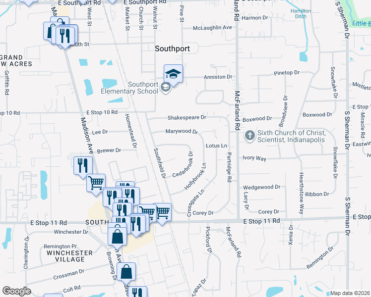 map of restaurants, bars, coffee shops, grocery stores, and more near 2736 Eddington Road in Southport