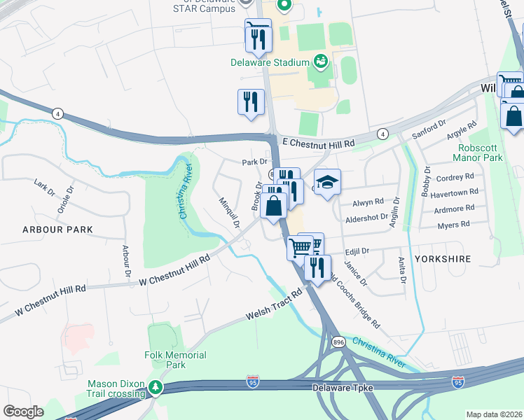 map of restaurants, bars, coffee shops, grocery stores, and more near 716 Brook Drive in Newark