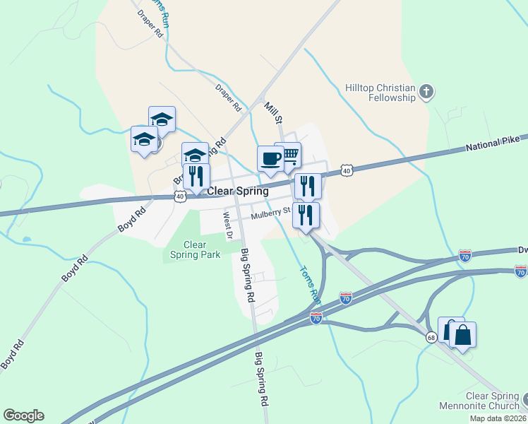 map of restaurants, bars, coffee shops, grocery stores, and more near 14 Mulberry Street in Clear Spring