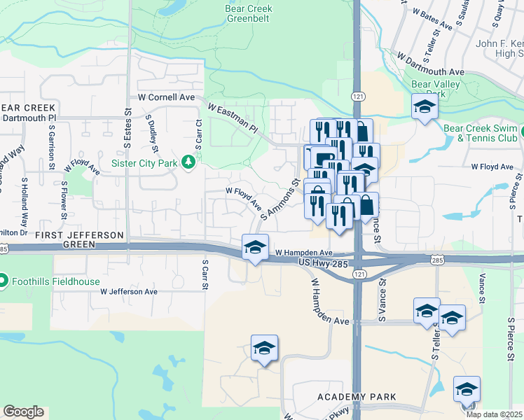map of restaurants, bars, coffee shops, grocery stores, and more near 8125 West Floyd Avenue in Denver