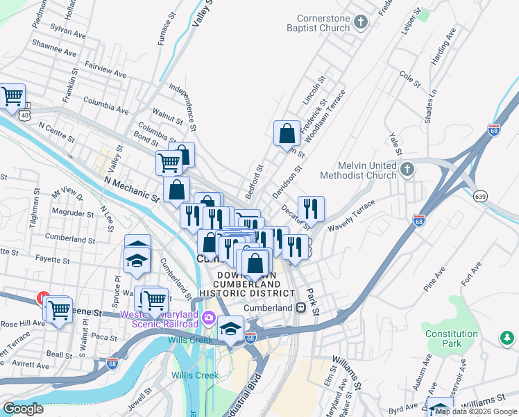map of restaurants, bars, coffee shops, grocery stores, and more near 217 Frederick Street in Cumberland