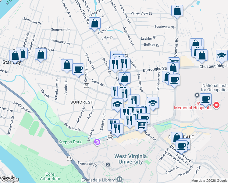 map of restaurants, bars, coffee shops, grocery stores, and more near 1163 Lions Ave in Morgantown