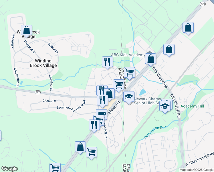 map of restaurants, bars, coffee shops, grocery stores, and more near 22 Buttonbush Court in Elkton