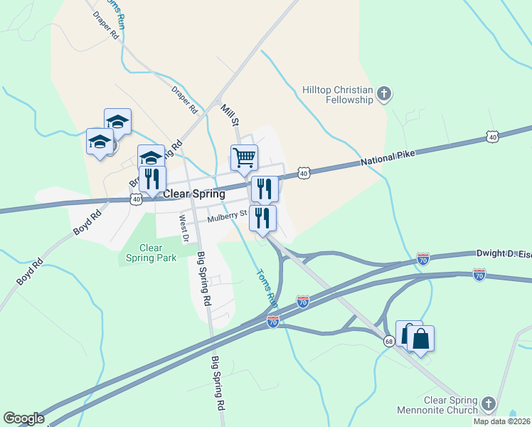 map of restaurants, bars, coffee shops, grocery stores, and more near 12828 Clear Spring Rd in Clear Spring