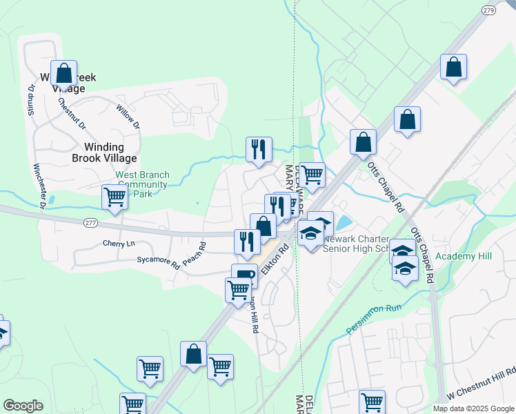 map of restaurants, bars, coffee shops, grocery stores, and more near 22 Buttonbush Court in Elkton