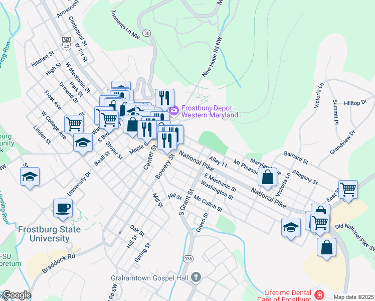 map of restaurants, bars, coffee shops, grocery stores, and more near 156 East Main Street in Frostburg