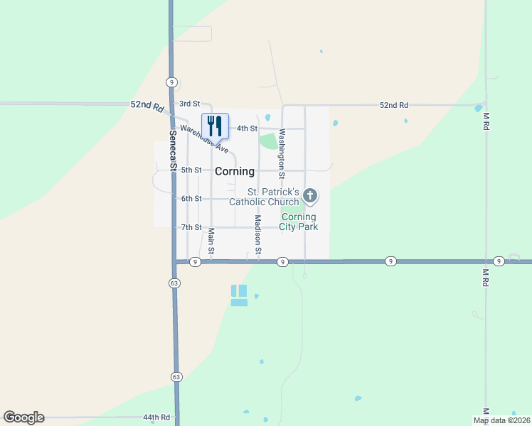 map of restaurants, bars, coffee shops, grocery stores, and more near 6605 Washington Street in Corning