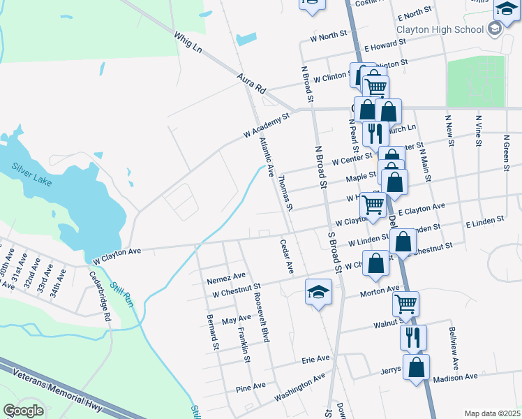 map of restaurants, bars, coffee shops, grocery stores, and more near 333 West High Street in Clayton