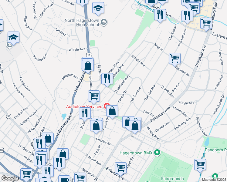 map of restaurants, bars, coffee shops, grocery stores, and more near 520 Park Lane in Hagerstown