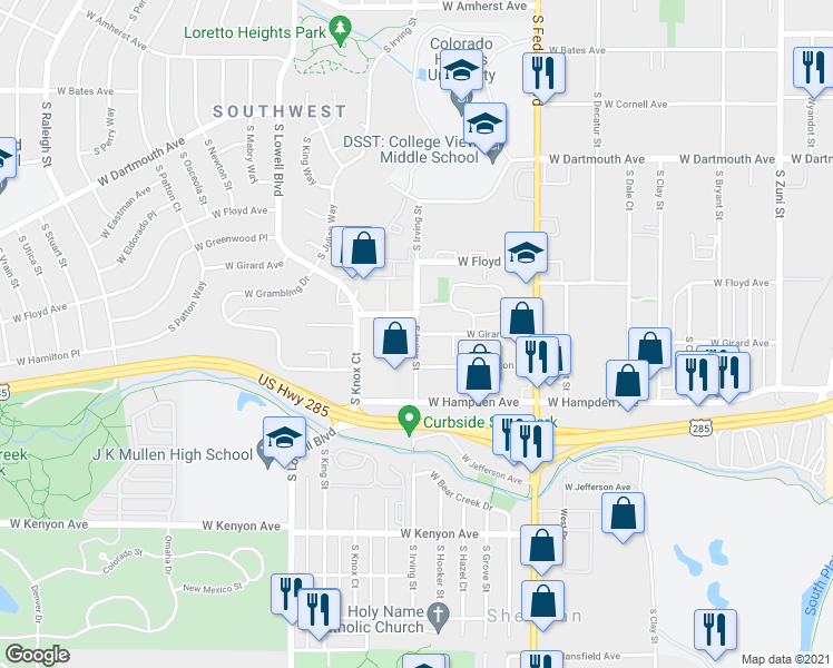 map of restaurants, bars, coffee shops, grocery stores, and more near South Irving Street & West Girard Avenue in Englewood