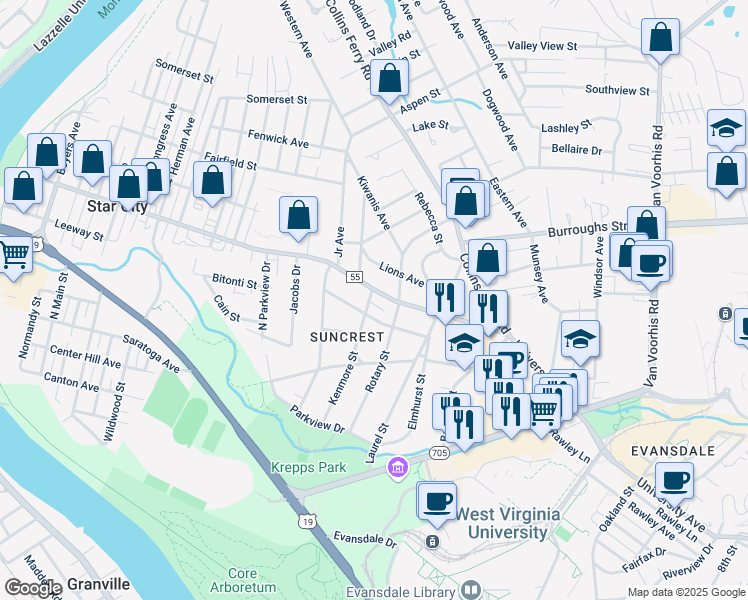 map of restaurants, bars, coffee shops, grocery stores, and more near 396 Kenmore Street in Morgantown