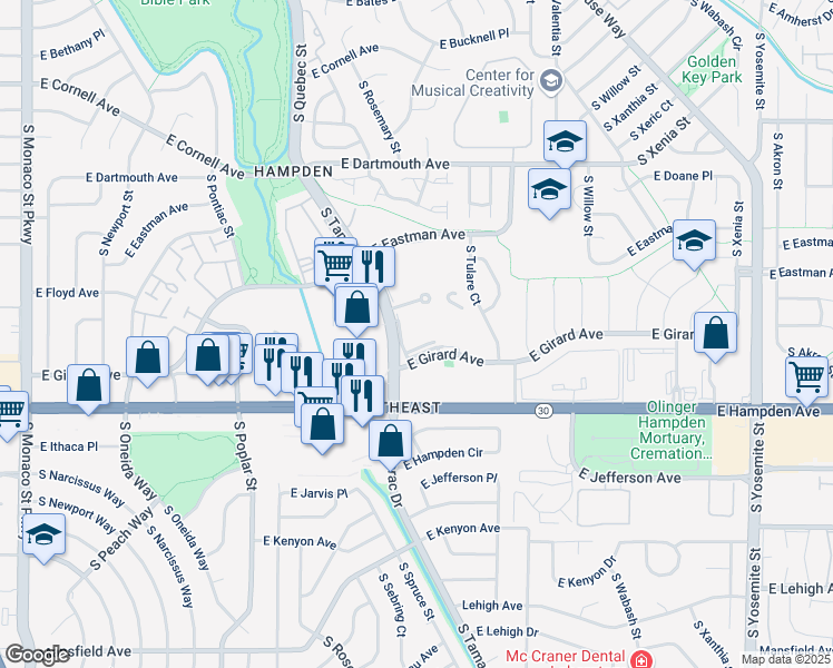 map of restaurants, bars, coffee shops, grocery stores, and more near 3300 South Tamarac Drive in Denver