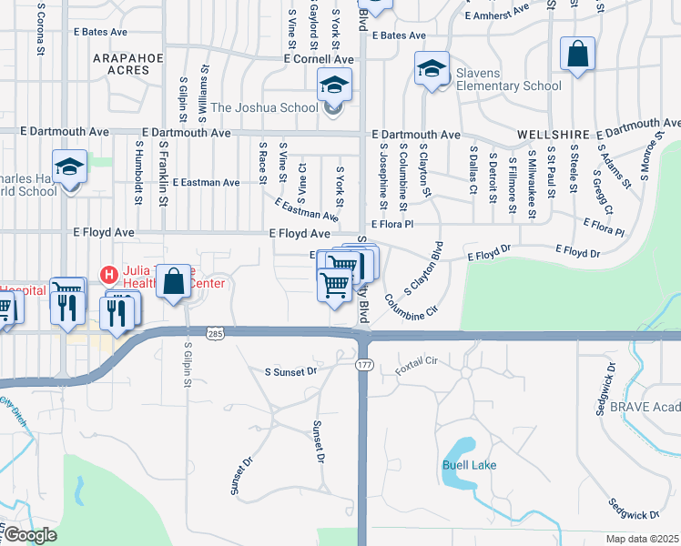 map of restaurants, bars, coffee shops, grocery stores, and more near 2298 East Floyd Place in Englewood
