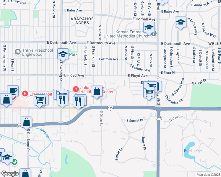 map of restaurants, bars, coffee shops, grocery stores, and more near 1739 East Girard Place in Englewood